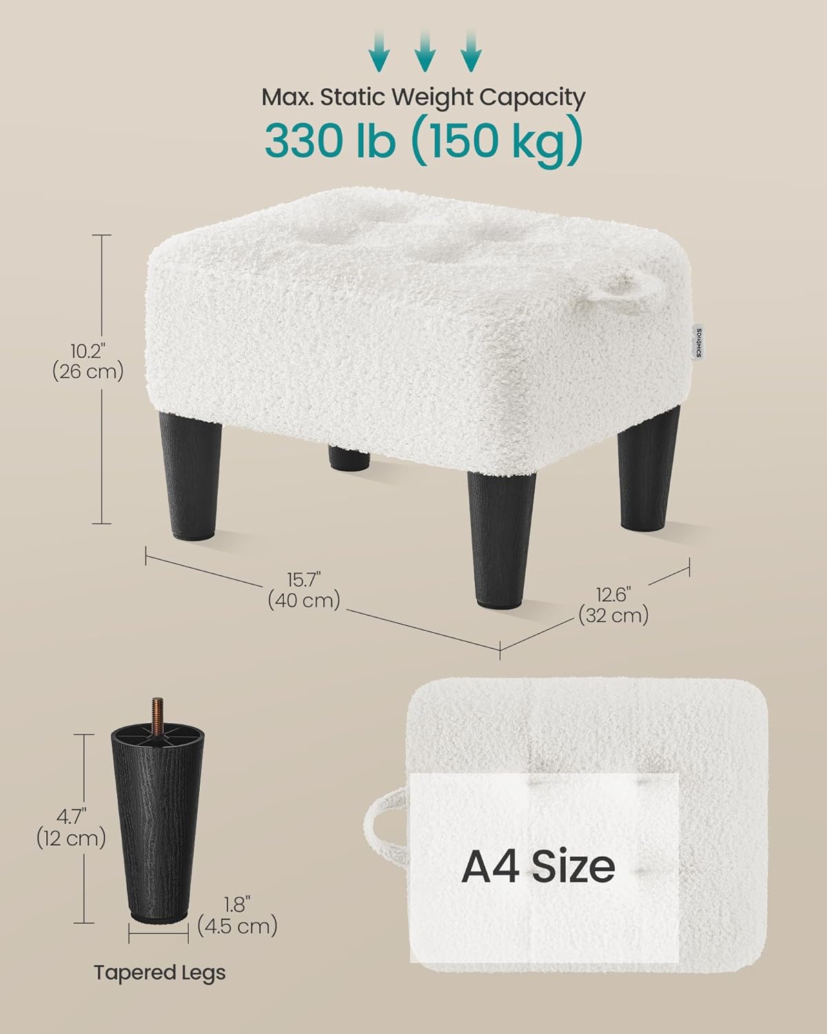 SONGMICS Foot Stool, Small Teddy Fleece Footstool Ottoman with Thick Cushion and Legs, for Living Room, Bedroom, Entryway, 330 lb Weight Capacity, Cream White and Ink Black ULOM503WD01
