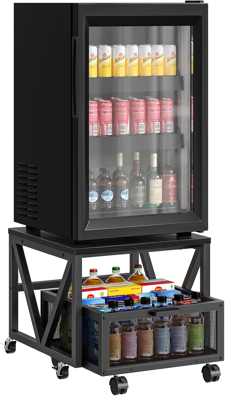 HOOBRO Mini Fridge Stand with Movable Storage Basket, Mini Fridge Cabinet with Wheels, Sturdy Metal Frame, for Home, Office, Dorm, Black BB255TL01