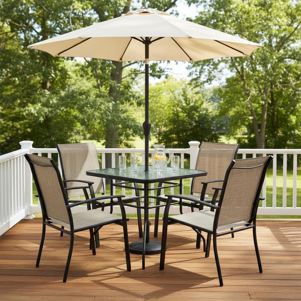 Tangkula 32" Square Outdoor Dining Table with Tempered Glass Top, Outside Bistro Table with 2" Umbrella Hole & Metal Frame, Patio Dining Table for Backyard, Lawn, Deck & Poolside