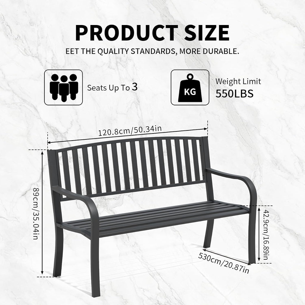 YLGJ&TIDY 50 Inches Garden Benches for Outdoor Patio Bench with Stripe Pattern Backrest Armrest Weatherproof Park Benches Metal Bench for Garden Park Porch Lawn Yard (Vertical Line)