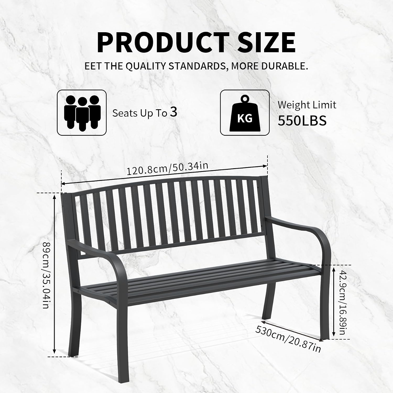 YLGJ&TIDY 50 Inches Garden Benches for Outdoor Patio Bench with Stripe Pattern Backrest Armrest Weatherproof Park Benches Metal Bench for Garden Park Porch Lawn Yard (Vertical Line)