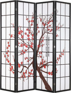 Room Divider,4 Panel Folding Privacy Divider Portable Room Separating Dividers Asian-Style Screen Wall Wood Dividers Tall Freestanding Partition Screen w/Floral Patterned
