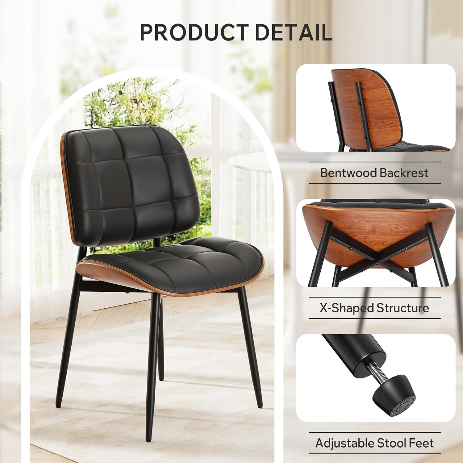 Dining Chairs Set of 2, Mid Century Modern Dining Room Chair, Upholstered Faux Leather Kitchen Chairs with Thick Cushion and Walnut Bentwood Back for Kitchen Dining Room, Black