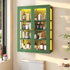 Waterproof Bathroom Metal Wall Cabinet with Light, Glass Doors & Adjustable Shelves – Green Over-Toilet Medicine Storage, Small Display Case for Collectibles
