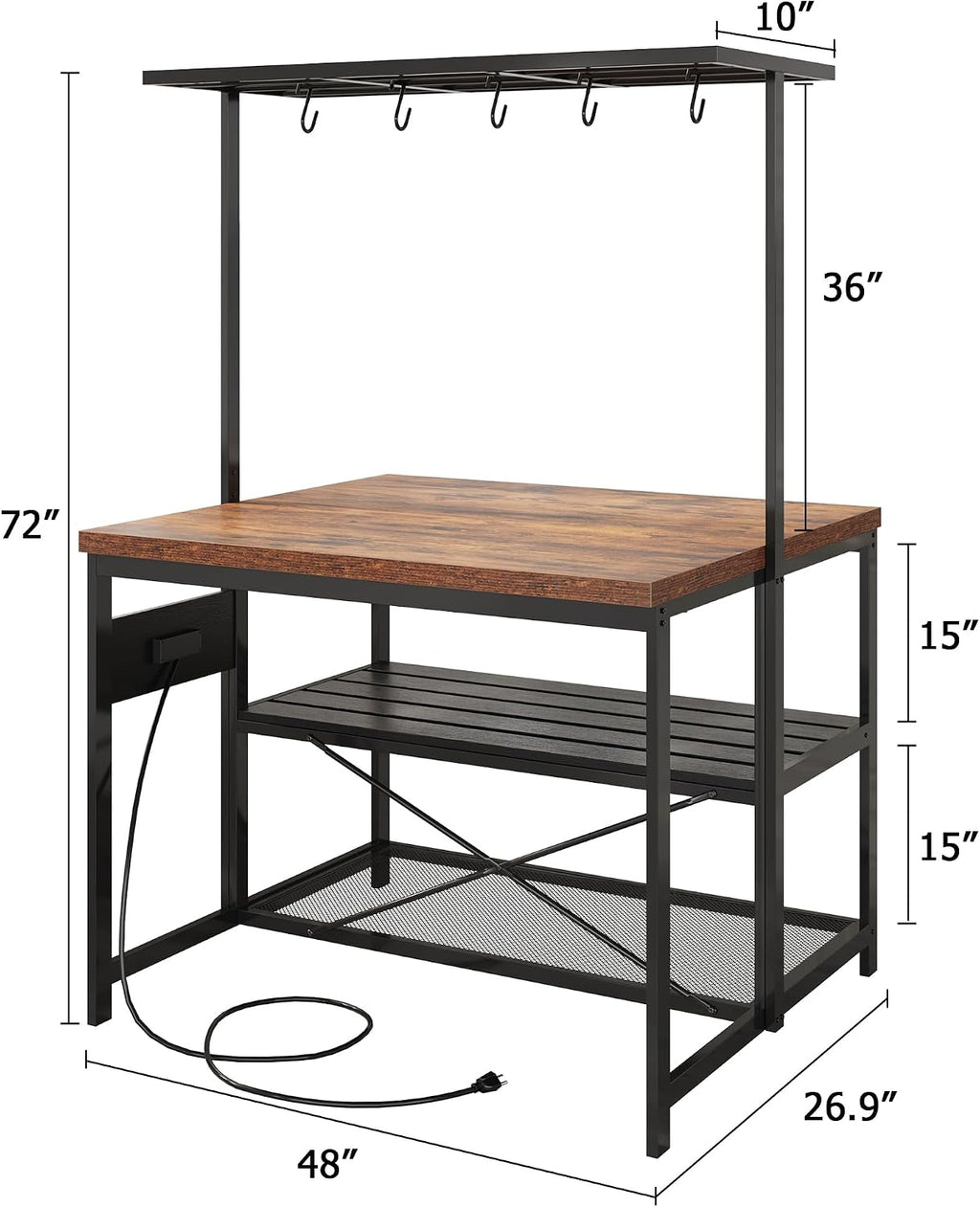 GarveeHome 47 in Kitchen Island with Power Outlet & Storage - Large Bakers Rack, Microwave Stand with 3-Tier Shelves & 5 Hooks for Pantry Organization