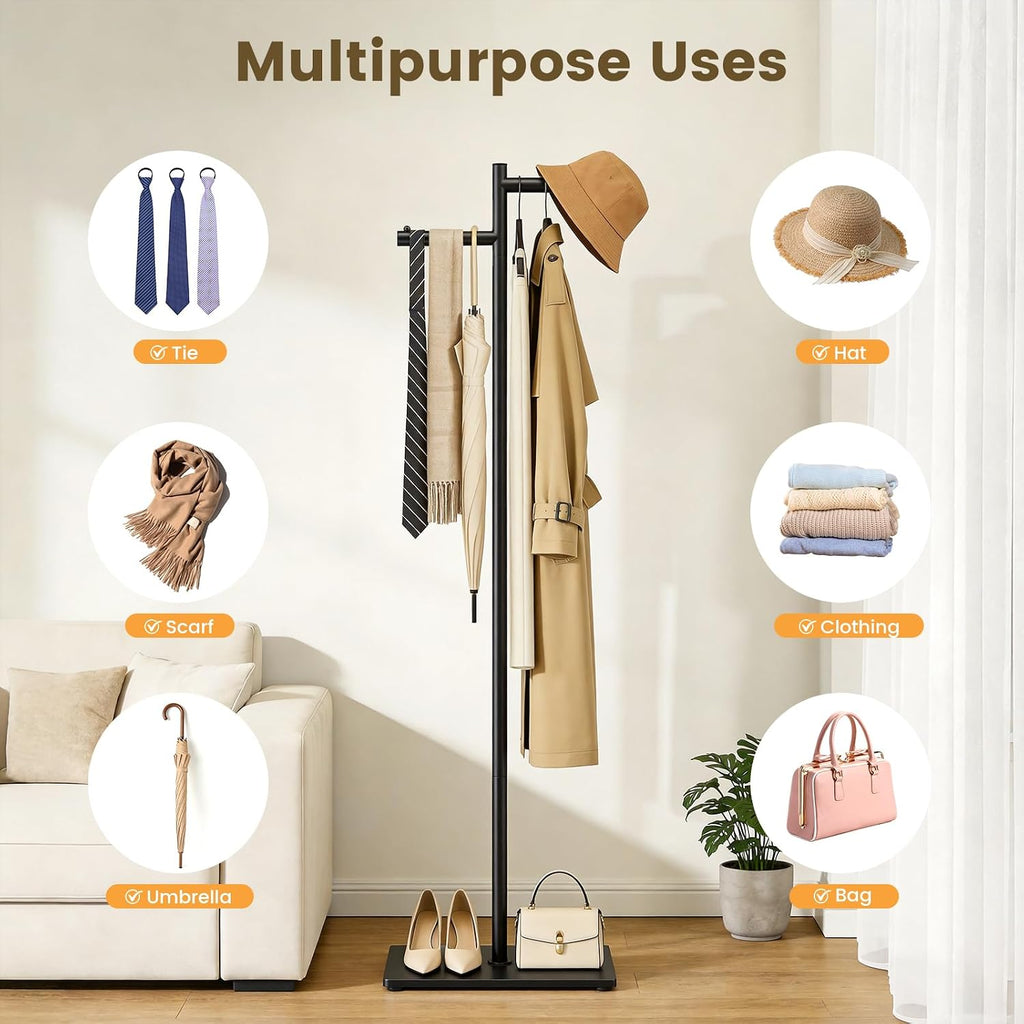 Metal Freestanding Coat Rack, 68.9"H Z-Shaped Coat Tree with Natural Rock Base, Modern Clothes Hanger Stand for Coats, Hats, Bags & Scarves, Ideal for Entryway, Bedroom, Office & Living Room