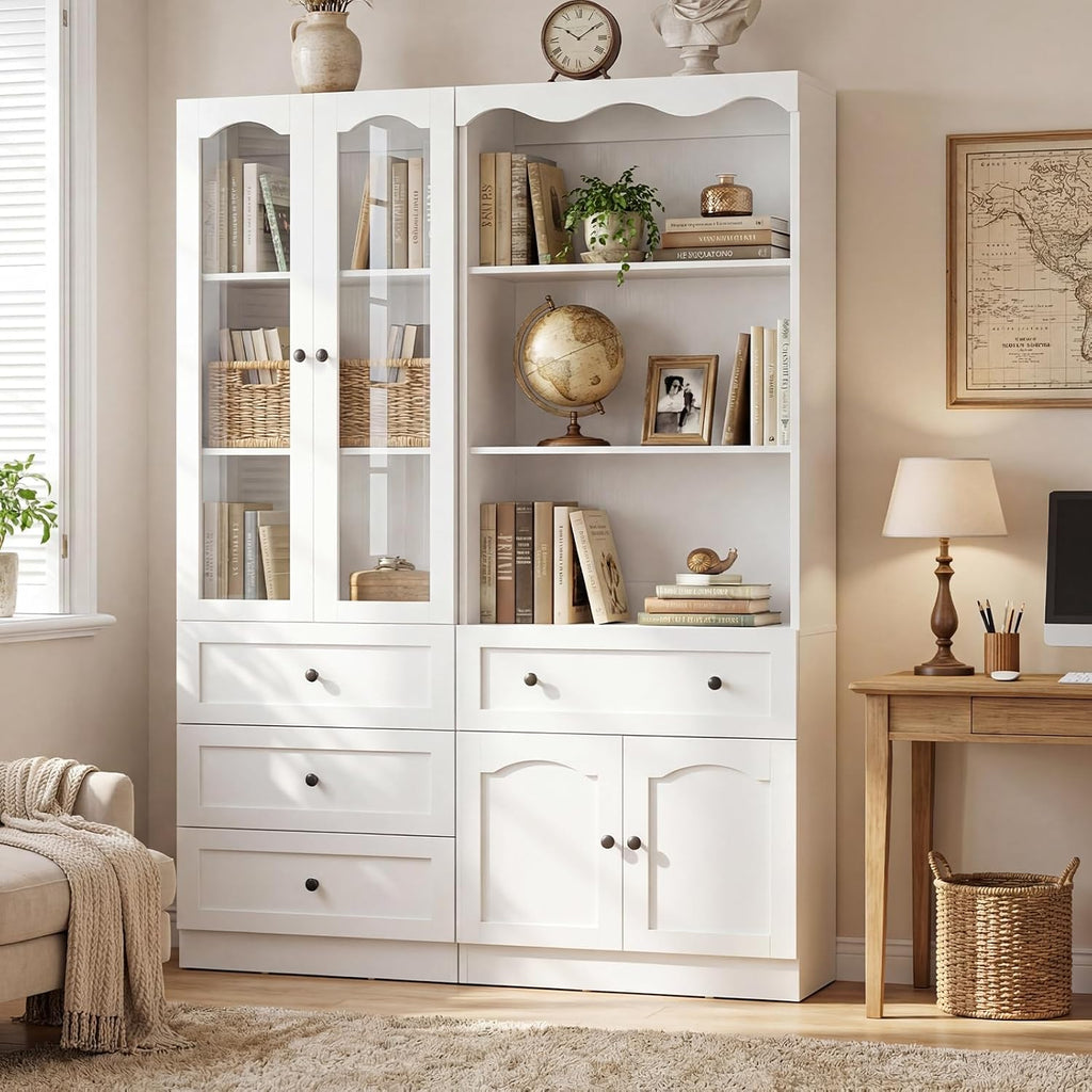 Cyclysio 3-Piece Pantry Cabinet Set, 80" Tall Kitchen Pantry Storage Cabinets with Glass Doors, Open Shelves, and 7 Drawers, White Wood Pantry Hutch Set for Kitchen, Dining Room, Living Room