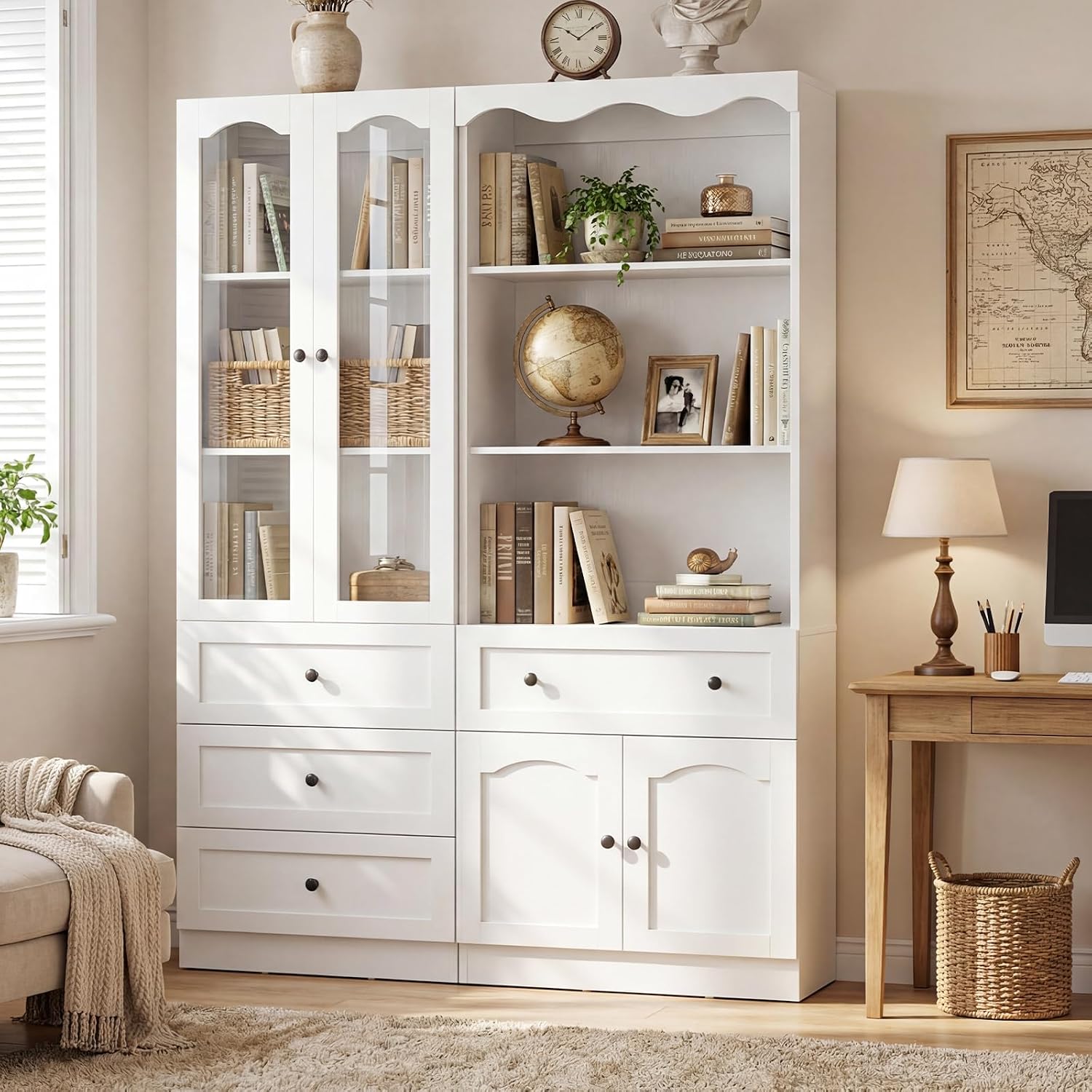 Cyclysio 3-Piece Pantry Cabinet Set, 80" Tall Kitchen Pantry Storage Cabinets with Glass Doors, Open Shelves, and 7 Drawers, White Wood Pantry Hutch Set for Kitchen, Dining Room, Living Room