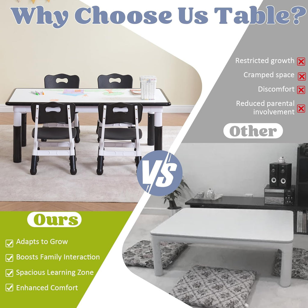 Kids Table and 4 Chairs Set, Height Adjustable Toddler Table and Chair Set, Toddler Desk with Graffiti Desktop & Non-Slip Legs, Children Activity Table for Daycare, Classroom (Black)