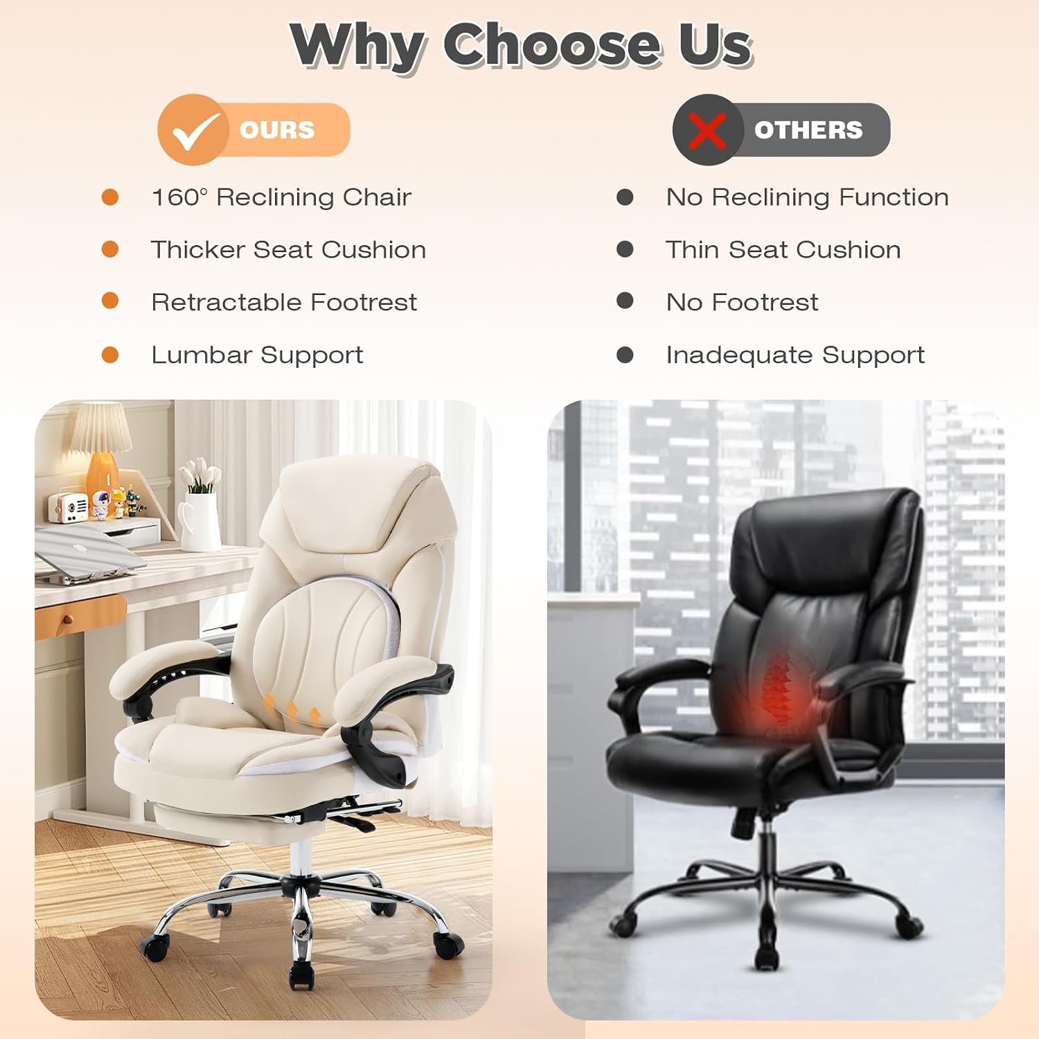 Ergonomic Fully Reclining Office Chairs with Back Support Footrest, Big and Tall Comfortable Recliner Office Desk Chair Computer Gaming Chair, Cream Beige