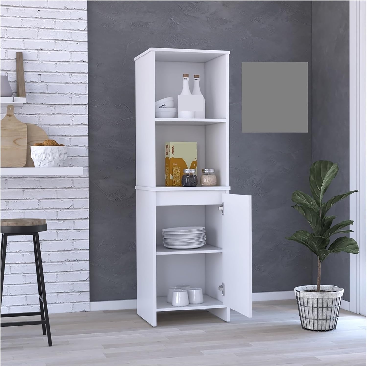 Kitchen Pantry, Two External Shelves, Single Door Cabinet, Two Interior Shelves White,for Kitchen
