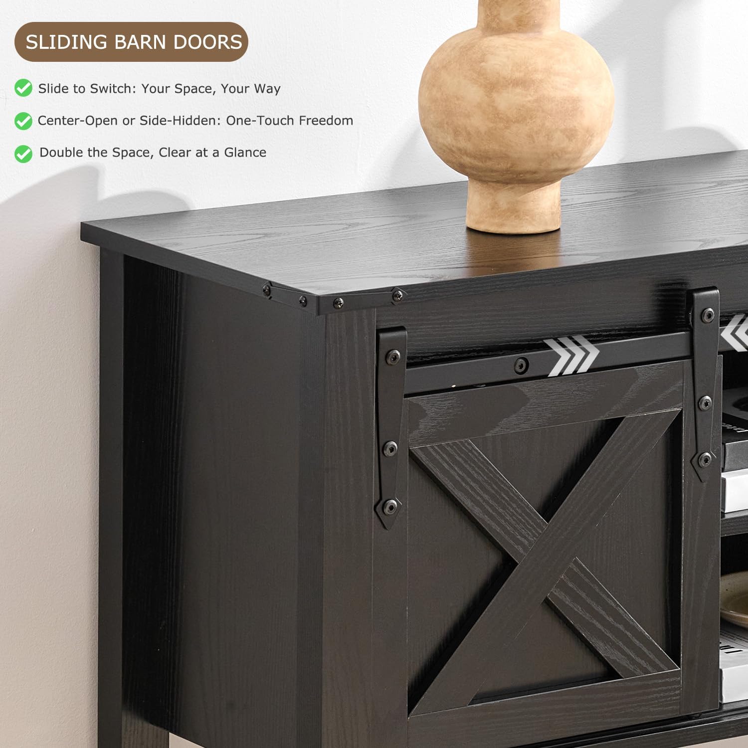 Entryway Table with Storage, Farmhouse Buffet Cabinet Coffee Bar Kitchen Island with Sliding Barn Doors & Shelves, Console Table for Kitchen, Dining Room, Living Room, Black