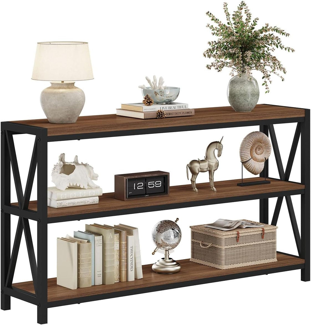 FATORRI Console Table for Entryway, 55 Inch Modern Entry Table with 3 Tier Shelves, Couch Tables Behind Sofa for Living Room (Medium Walnut)