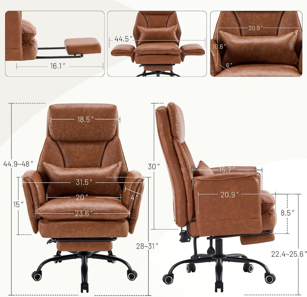 Furniliving Big and Tall Office Chair, Ergonomic Computer Desk Chair with Footrest, Wide Seat Reclining Gaming Chair, Flip Armrests for Cross Legged Sitting, Heavy Duty Support up to 400LBS, PU, Brown