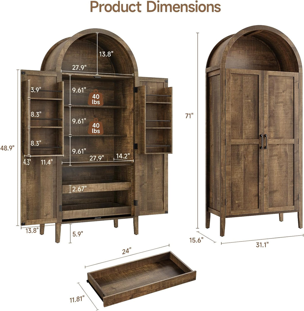 ONBRILL 71" Tall Arched Kitchen Pantry, Storage Cabinet Pantry with 2 Pull-Out Shelves, 6 Door Shelves, Organizer, Freestanding Morden Versatile Cupboard for Kitchen, Dining Room (Rustic Brown)