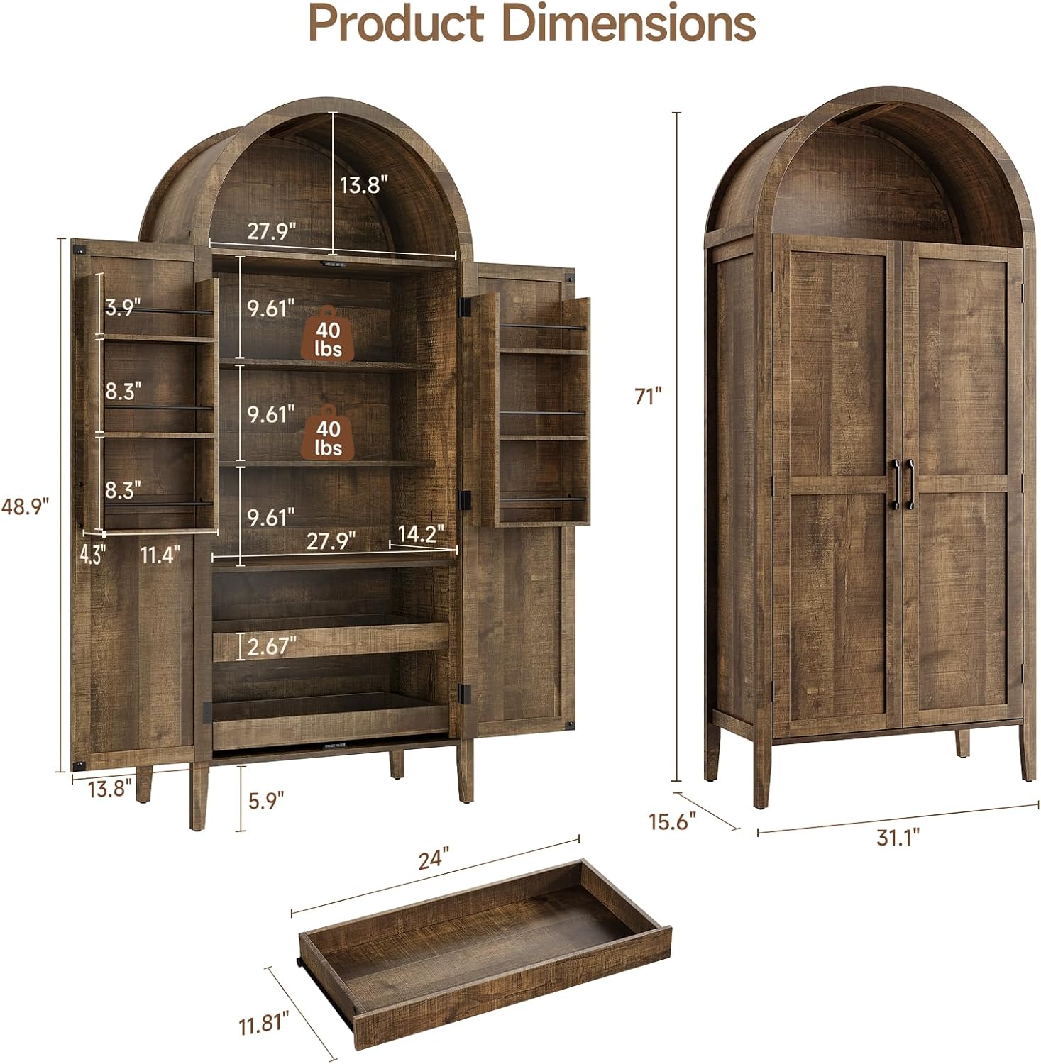 ONBRILL 71" Tall Arched Kitchen Pantry, Storage Cabinet Pantry with 2 Pull-Out Shelves, 6 Door Shelves, Organizer, Freestanding Morden Versatile Cupboard for Kitchen, Dining Room (Rustic Brown)