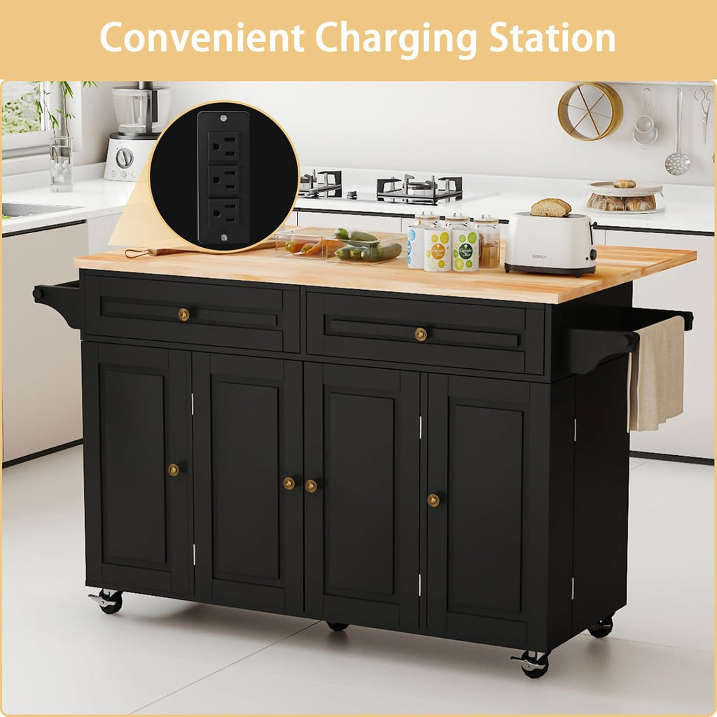 Kitchen Island Cart with Storage on Wheels, 59" Large Rolling Kitchen Island with Drop Leaf, Mobile Island for Kitchen with Towel Rack, Drawers for Dining Room, Black