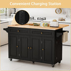 JassmiPkwy 59’’ Rolling Kitchen Island Cart with Drop Leaf and Power Outlet, Movable Kitchen Islands with 3-Tier Door Storage Shelf, Island Table on Wheels, 2 Large Drawers, Towel Racks, Black