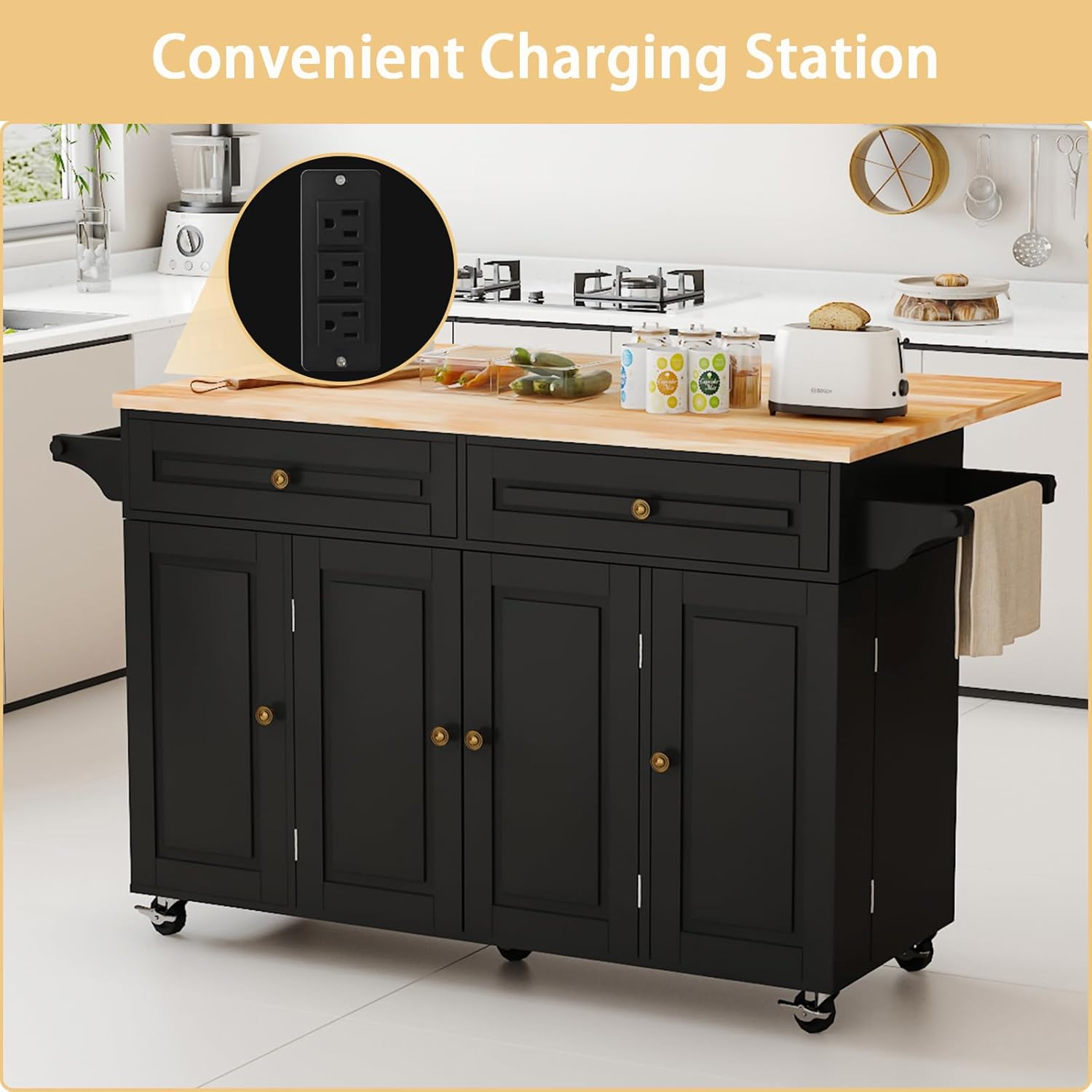 JassmiPkwy 59’’ Rolling Kitchen Island Cart with Drop Leaf and Power Outlet, Movable Kitchen Islands with 3-Tier Door Storage Shelf, Island Table on Wheels, 2 Large Drawers, Towel Racks, Black
