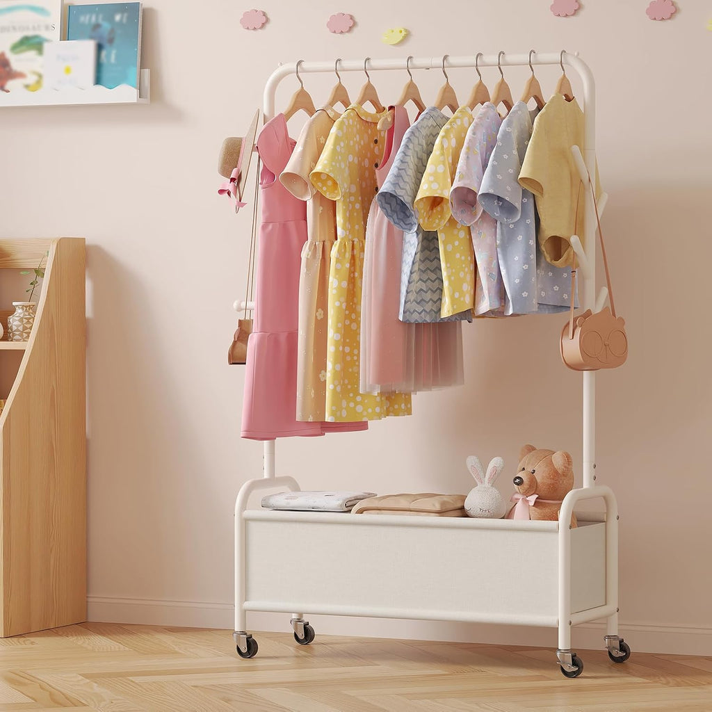 Kids Clothing Rack with Storage Box, Kids Dress Up Storage for Coats, Small Garment Rack for Hanging Clothes, Dress Up Holder with Wheels