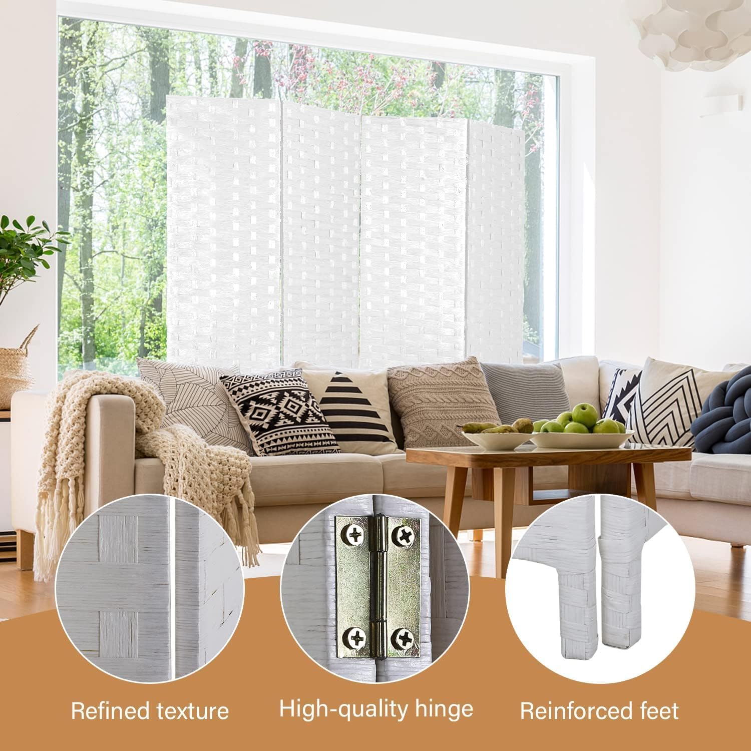 6ft Room Divider, 4 Panel Folding Privacy Screen with Hand-Woven Opaque Design, Extra Stable Wood Partition Wall, Freestanding Portable Separator for Home Office (White, 4 Panels)