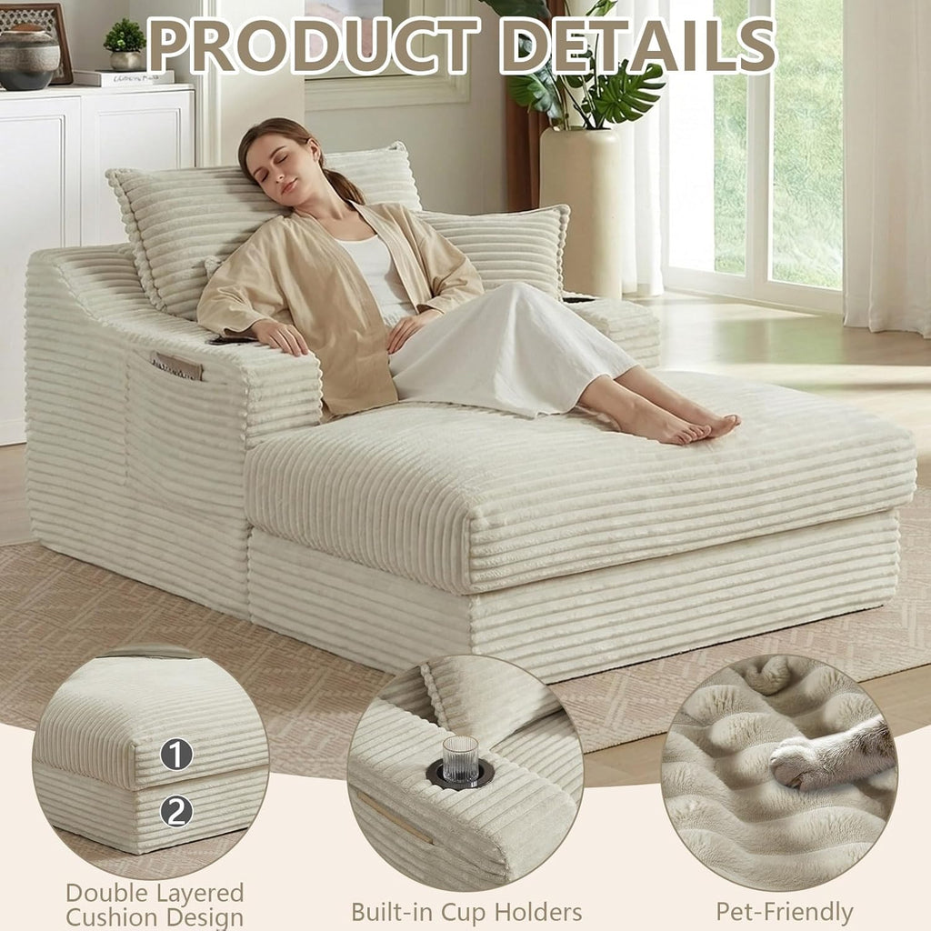 67.7" Chaise Lounge Chair Indoor with Cup Holders & Side Pocket, Oversized Boneless Lounger Chairs Indoor with 3 Soft Pillows, Deep Seat Reading Lounge Couch for Living Room, Apartment, Camel