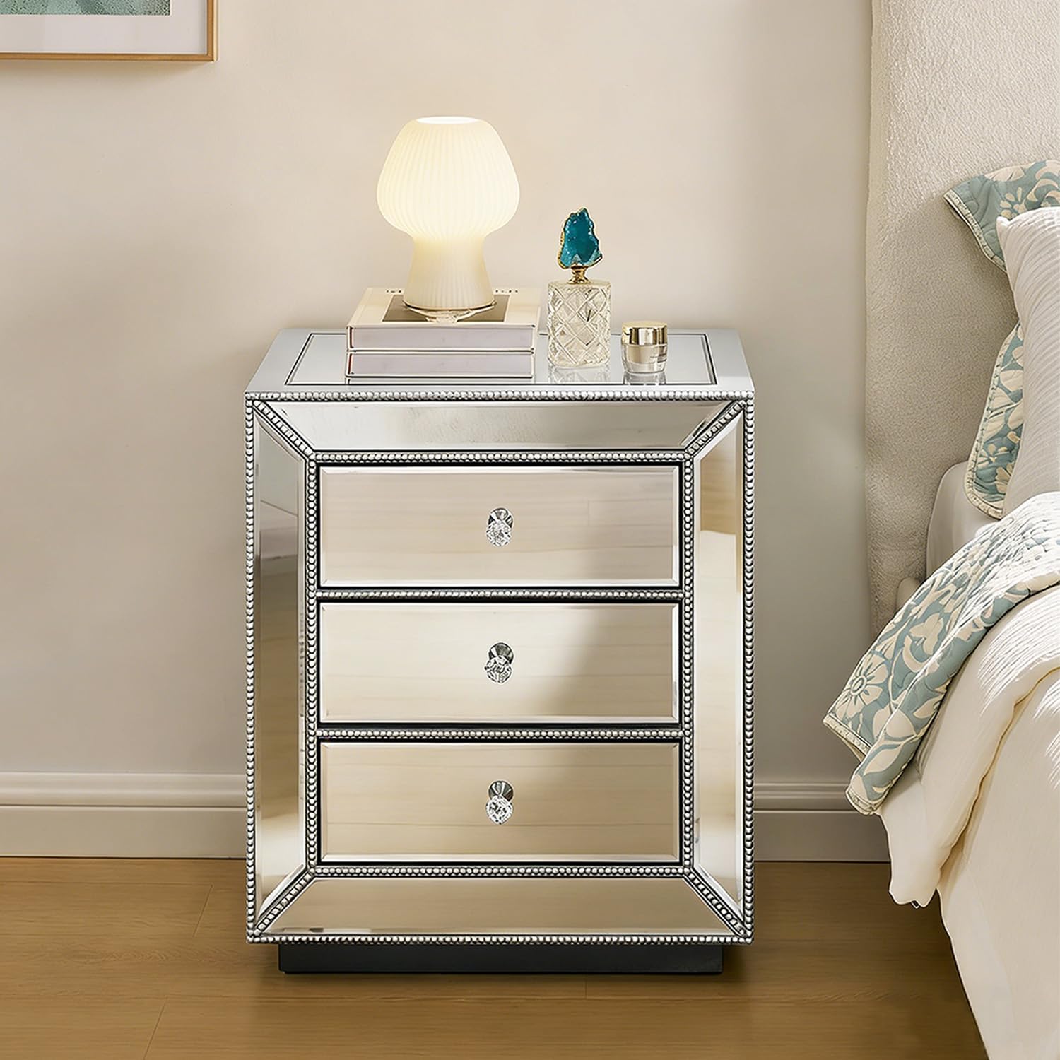 IKIFLY Mirrored Nightstand with 3 Drawers, Silver End Table with Crystal Handles, Modern Bedside Table for Living Room, Bedroom