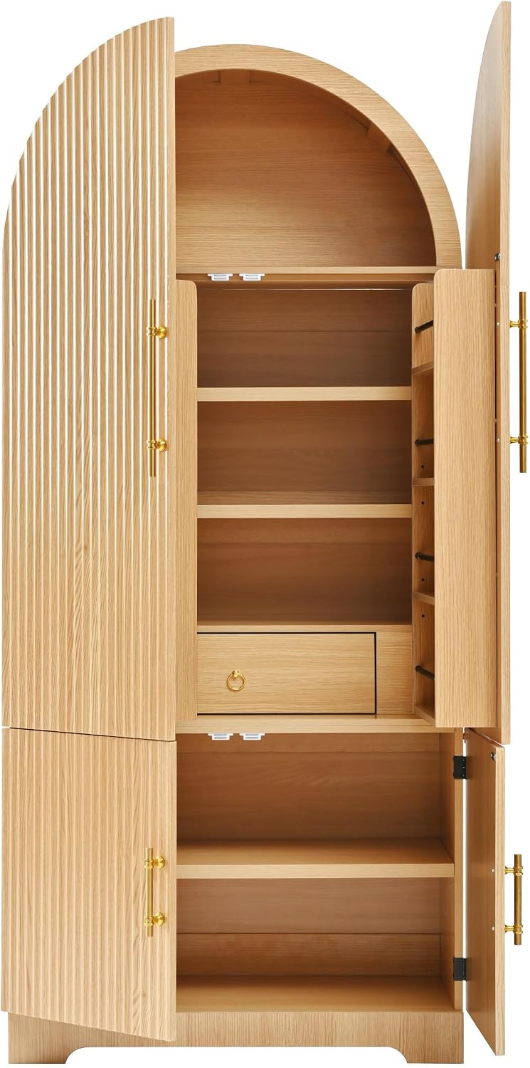 Tall Arched Kitchen Pantry Cabinet, Modern Fluted Wood Storage Cabinet with 8 Door Shelves, Adjustable Shelves and Hidden Drawer, Versatile Cupboard for Kitchen, Bathroom (Natural)