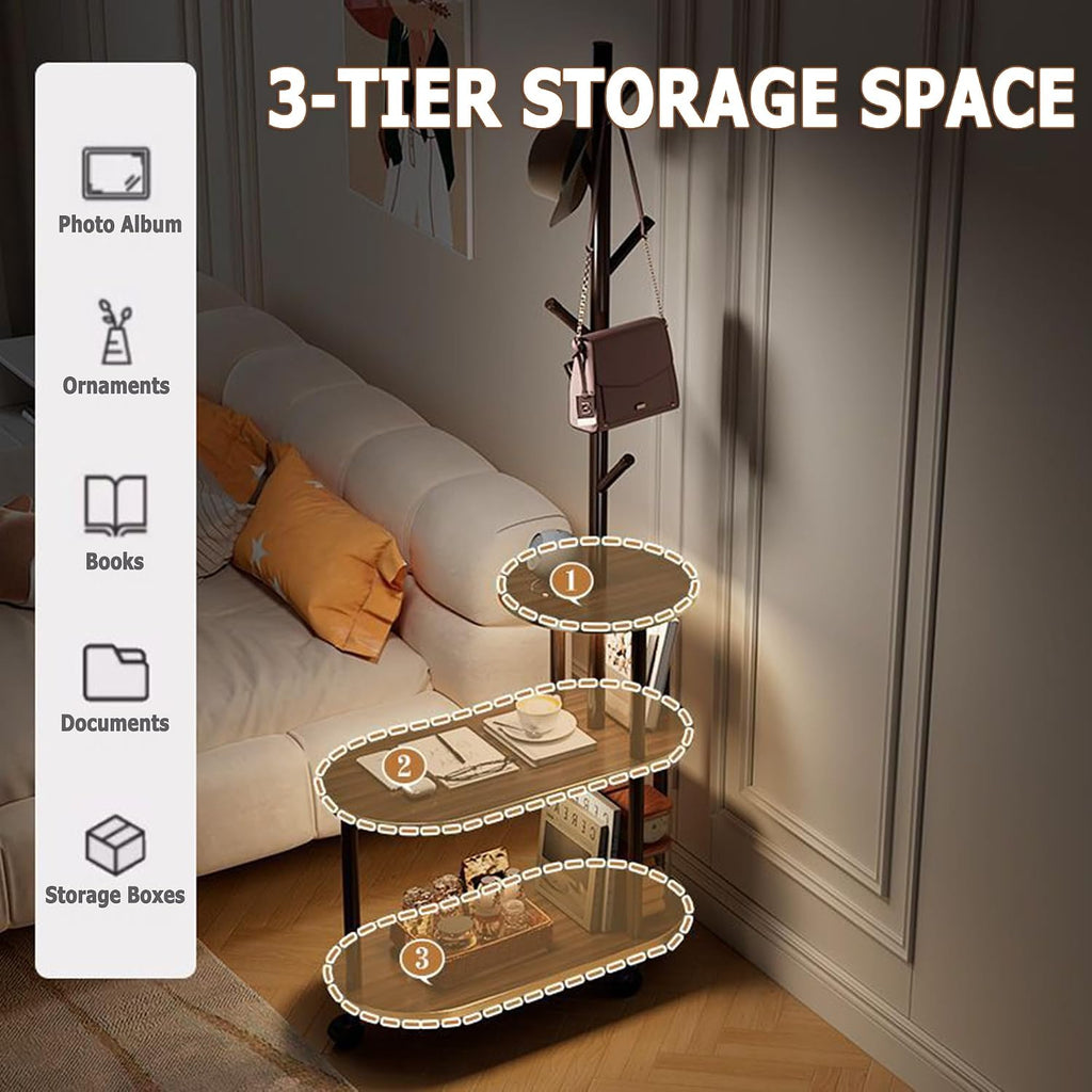 End Table with Coat Rack 3-Tier Couch Side Table with Storage for Small Space Rolling Bedside Tables for Living Room Bedroom 60x30x169CM (Brown)