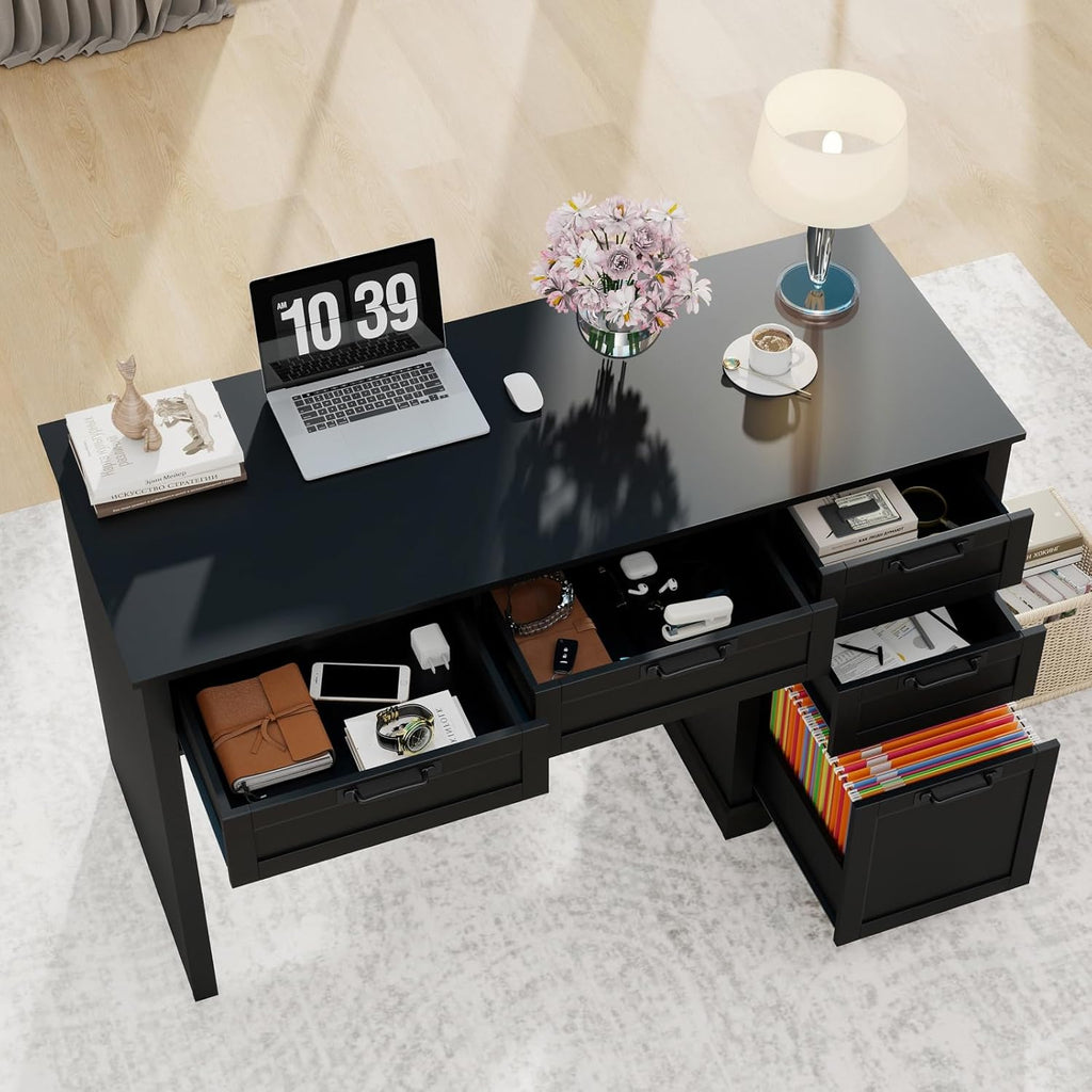 Vabches 55" Farmhouse Home Office Desk with File Drawer, Executive Computer Desk with 4 Storage Drawers, Rustic Computer Desk for Working, Studying, Writing（Pure Black