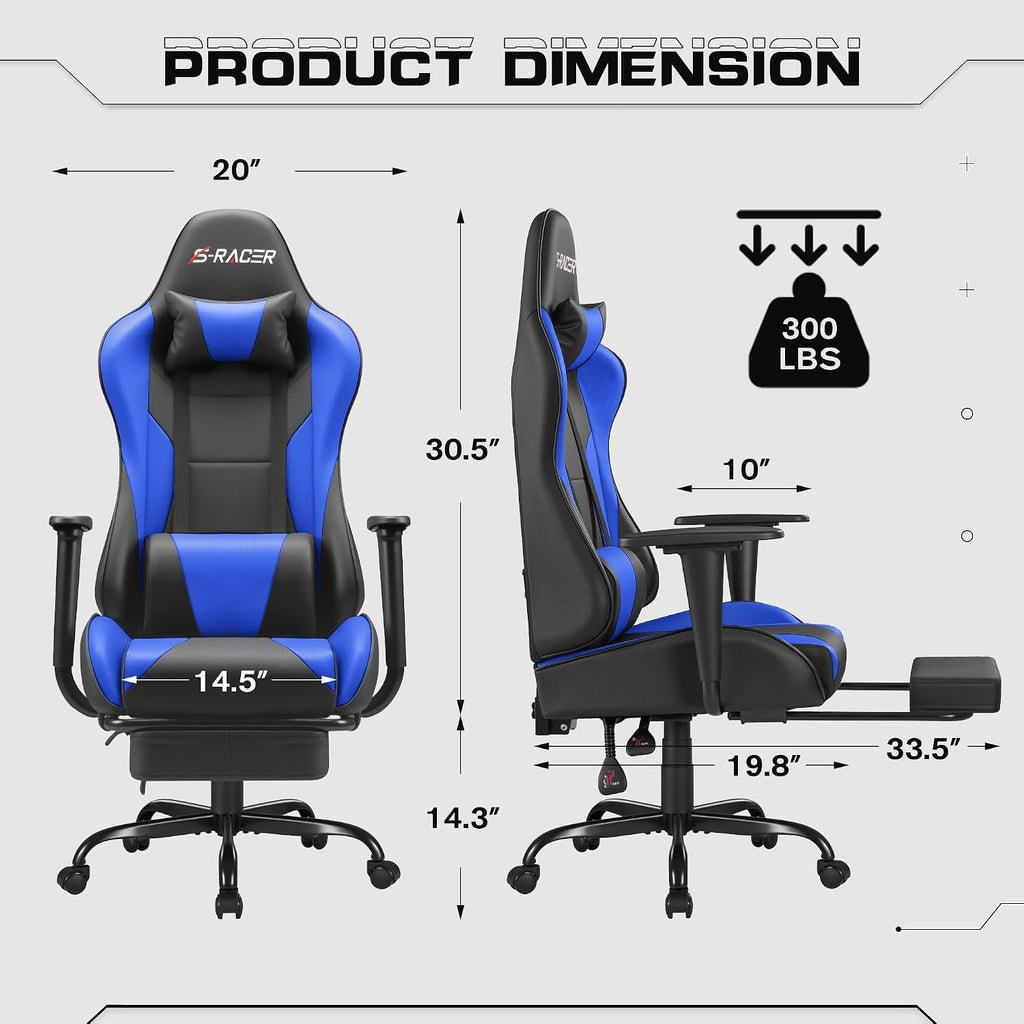 Gaming Chairs, Computer Chair with Footrest and Massage Lumbar Support, Height Adjustable Game Chair with Headrest and Swivel Seat (Blue)