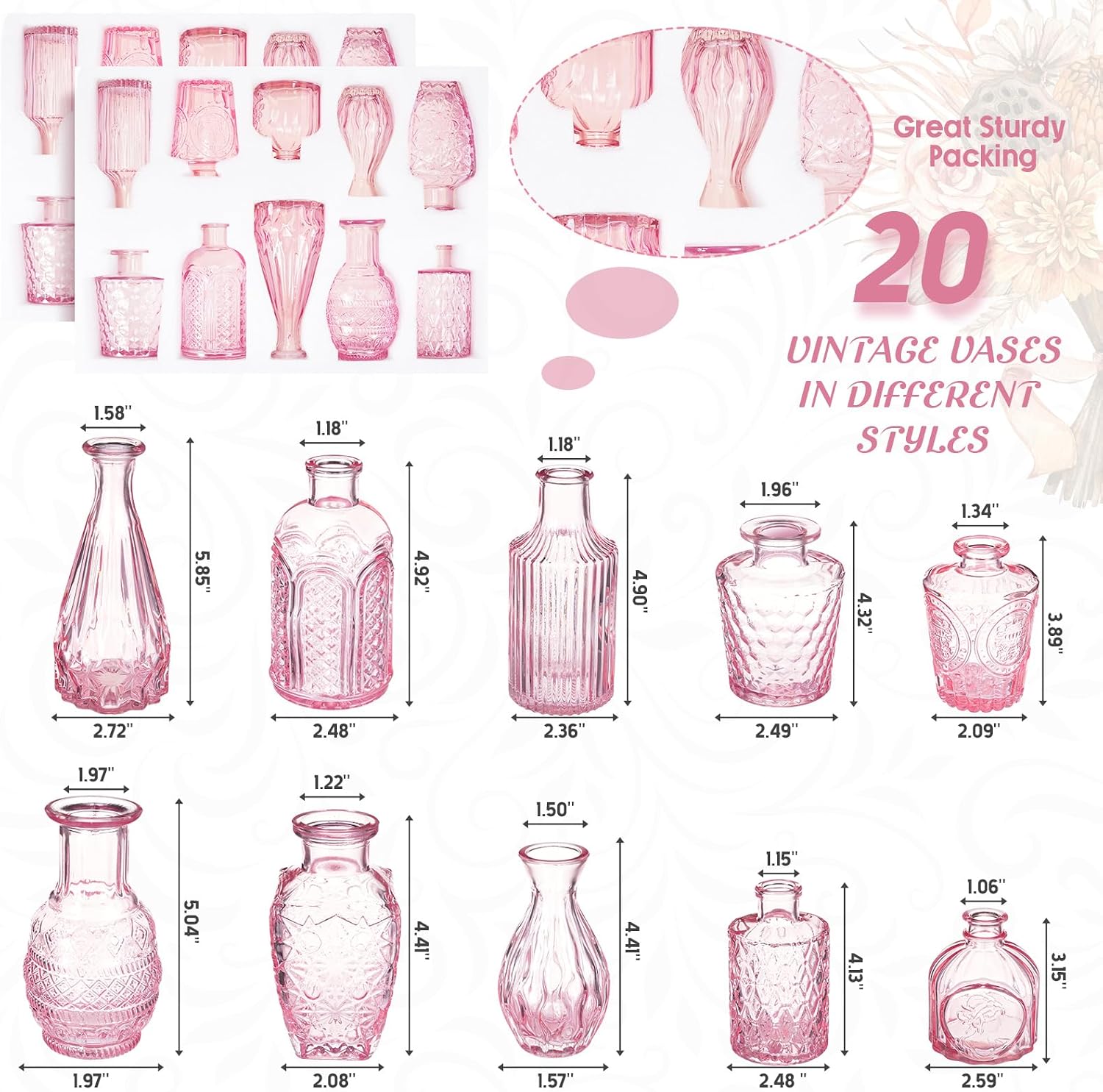 Inbagi 20 Pcs Glass Bud Vase Set - Pink Small Flower Vases Bulk, Vintage Embossed Decorative Bottles for Wedding Valentine Home Table Centerpieces Decor
