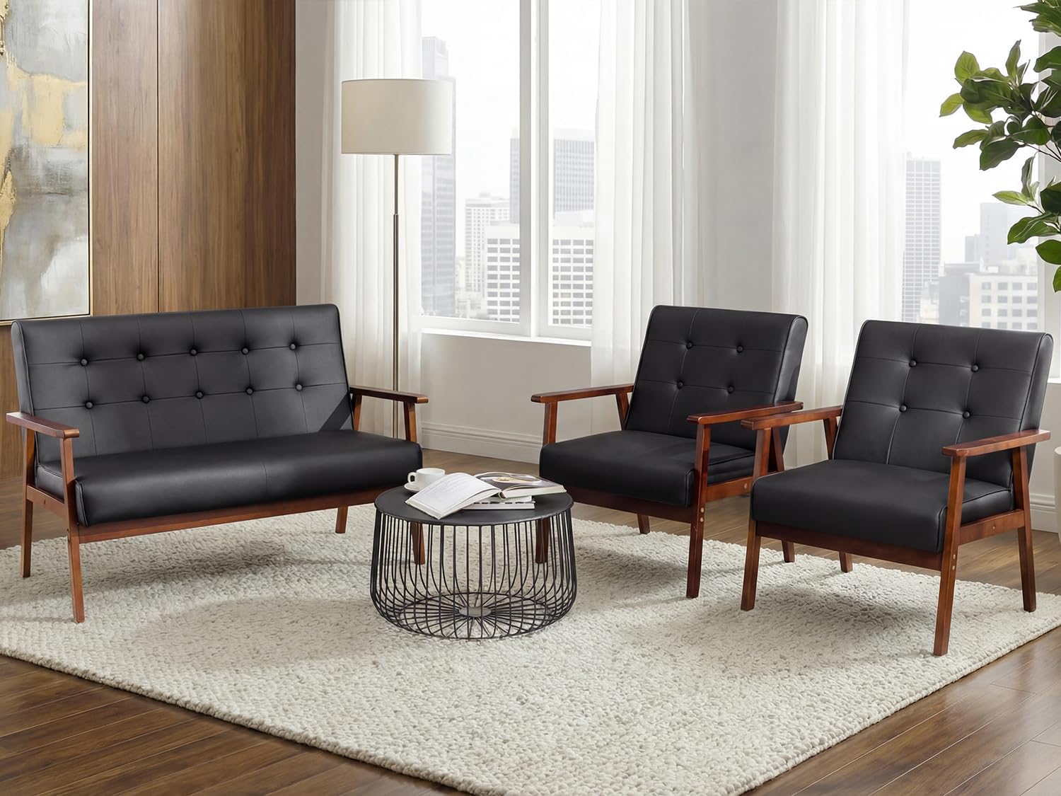 JIASTING Mid Century 1 Loveseat Sofa and 2 Accent Chairs Set Modern Wood Arm Couch and Chair Living Room Furniture Sets (8428 Black Set)