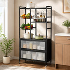 Kitchen Baker's Rack, Microwave Stand with Flip-up PC Doors, Freestanding Open Storage Shelves on Wheels, for Dining Room and Living Room, 31.4"x 12.6"x57.1"