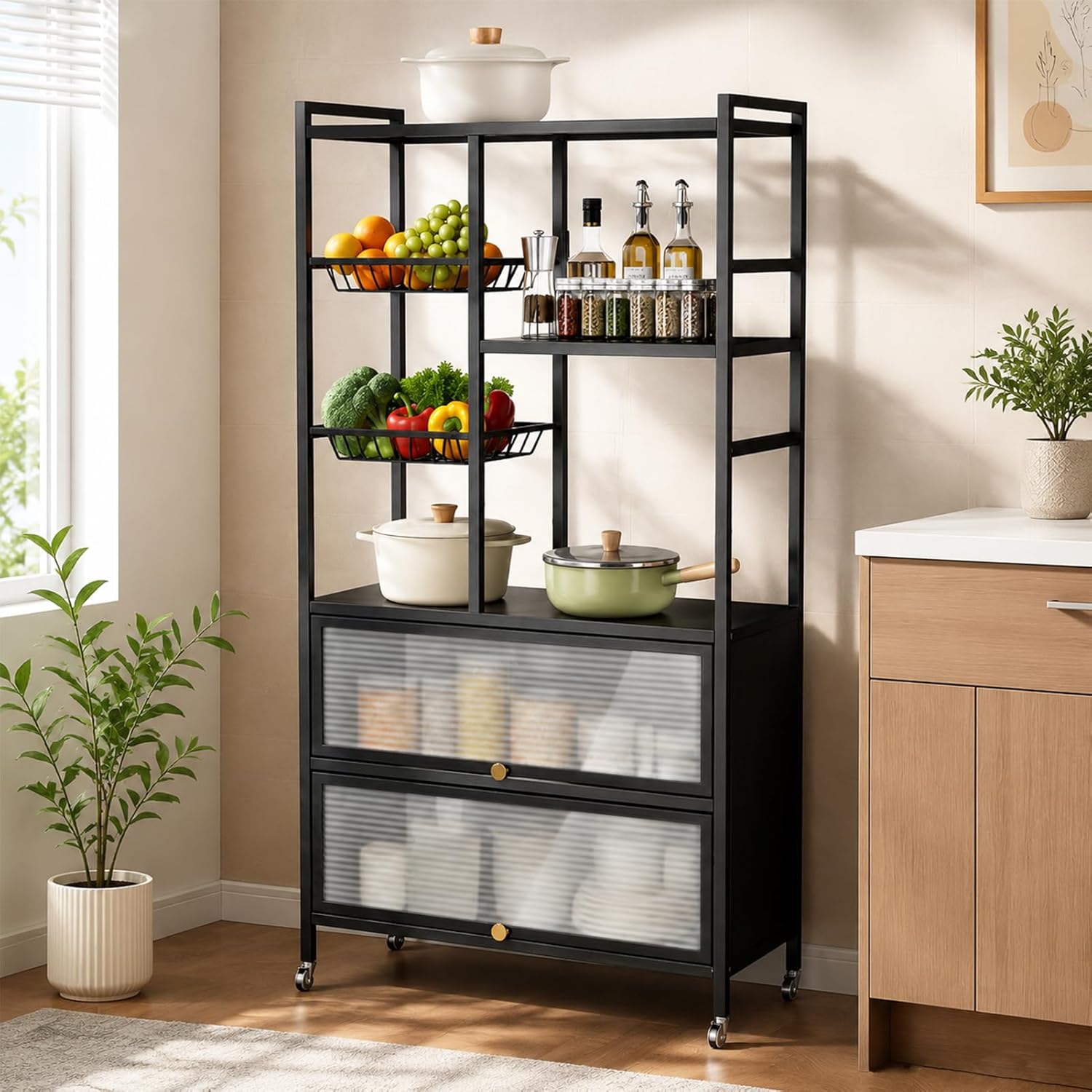 Kitchen Baker's Rack, Microwave Stand with Flip-up PC Doors, Freestanding Open Storage Shelves on Wheels, for Dining Room and Living Room, 31.4"x 12.6"x57.1"