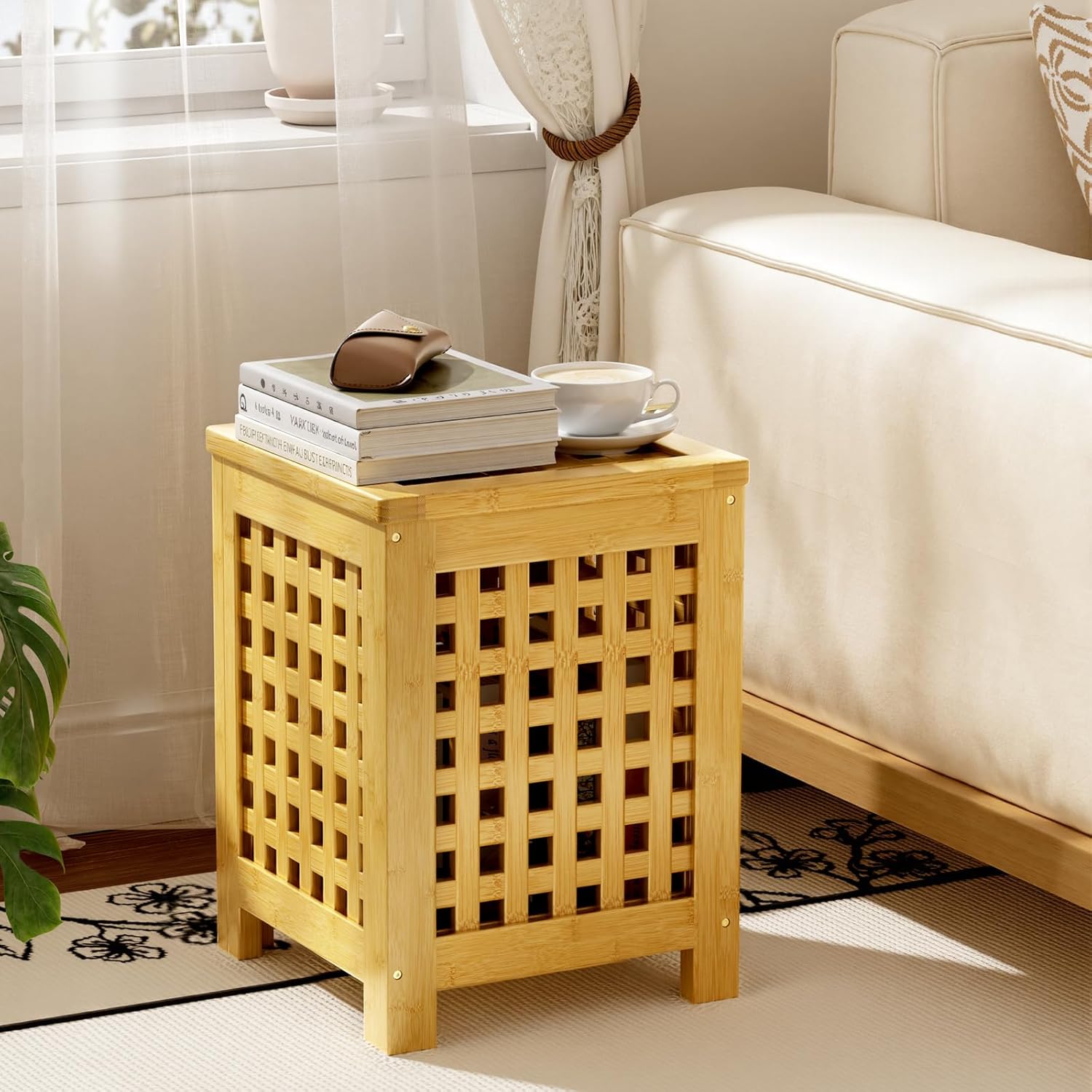 Bamboo End Table with Removable Cushion and Hidden Storage, 2-in-1 Ottoman Side Table with Breathable Grid Design for Small Space, Living Room, Bedroom, Balcony, Entryway