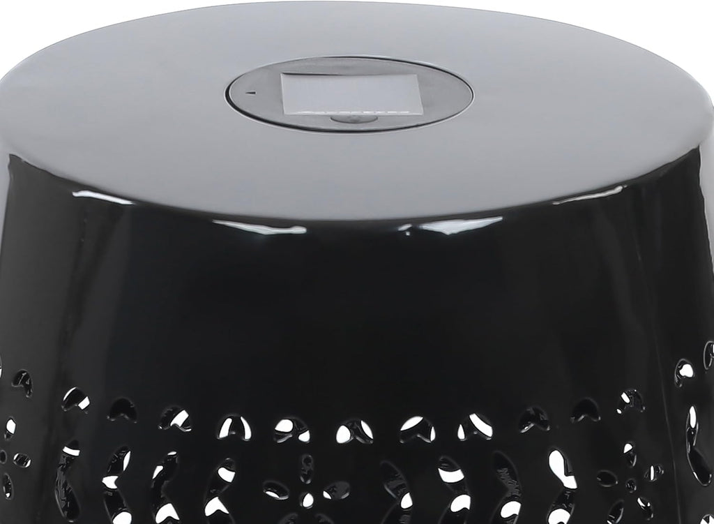 Benjara Sola Side Table- Solar Powered Light- 18" Barrel Shaped Black Iron
