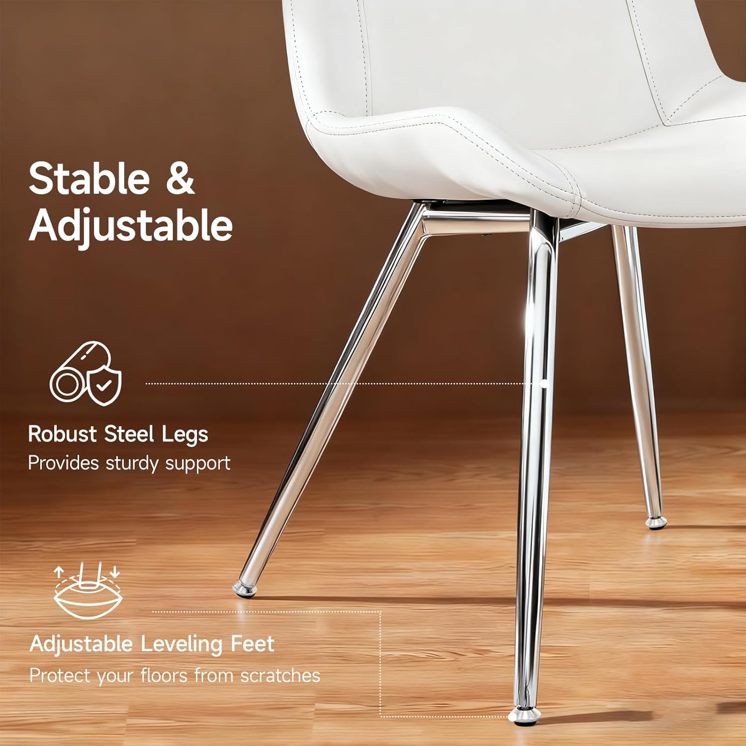 Brage Living Dining Chairs Set of 2, PU Leather Modern Armless Kitchen Dining Room Chairs, Upholstered Accent Side Chairs with Metal Legs (White with Silver Legs)