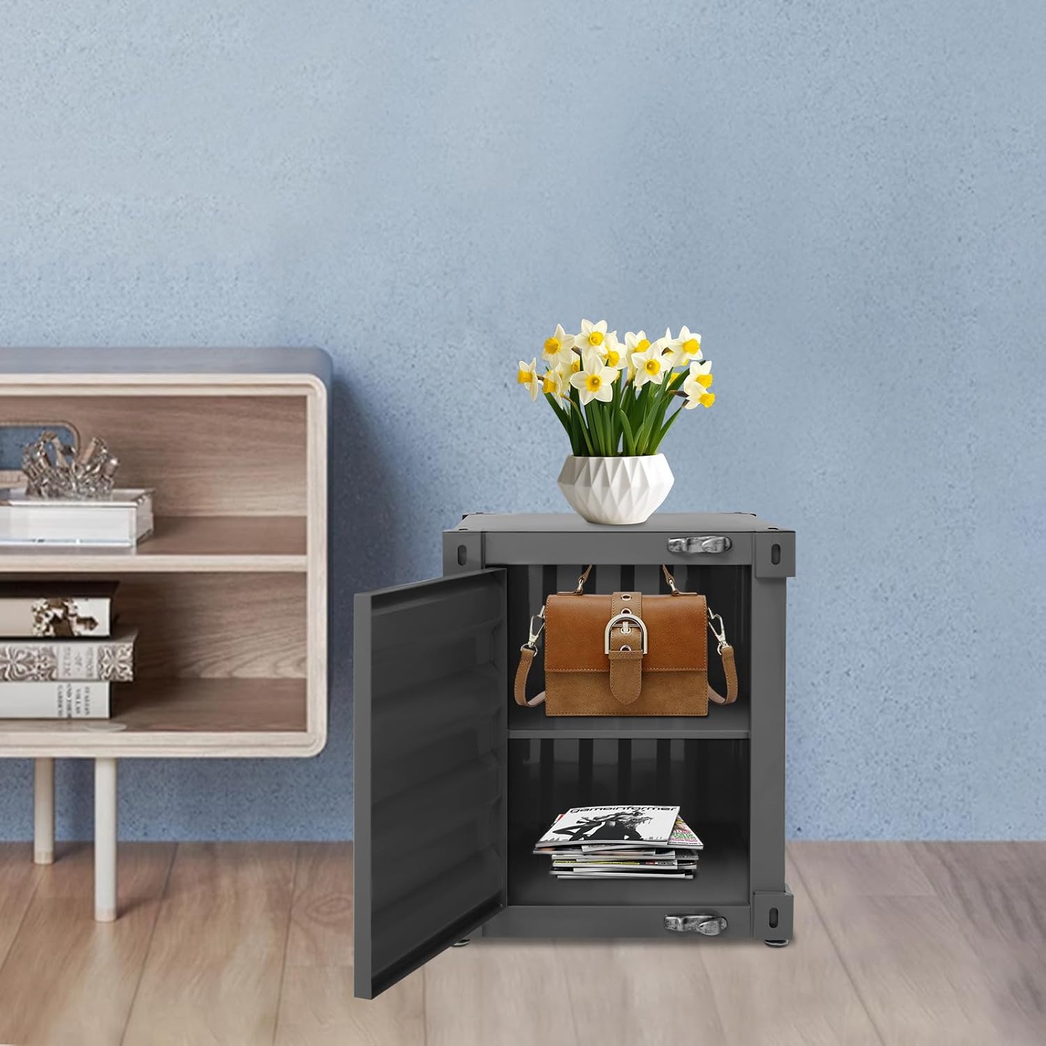 Industrial Style End Table 22 Lbs Load Capacity Side Table with Metal Combination Lock & Two Layer Storage Industrial Style Container Cabinet for Living Rooms, Bedrooms and Offices(Black)