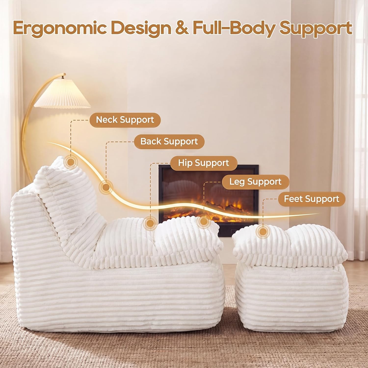 Boneless Chaise Lounge Chair, Faux Fur Ergonomic Chair with Ottoman, High Density Memory Foam No Assembly Lazy Sofa, Indoor Leisure Couch for Living Room Bedroom Office Apartment