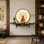 Wall Mounted Altar Table with LED Light, Bamboo Buddha Shrine, Chinese Style Floating Offering Shelf for Meditation, Home, Spiritual Decor(Reddish-Brown,40cm/15.7in)