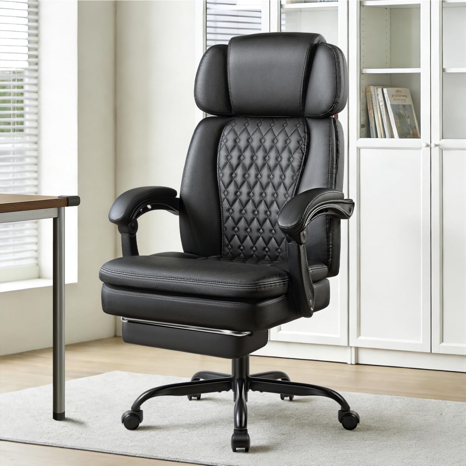 Office Chair with Foot Rest 400lbs, High Back Leather Office Chair Big and Tall, Heavy Duty Ergonomic Executive Desk Chair for Home Office, Black