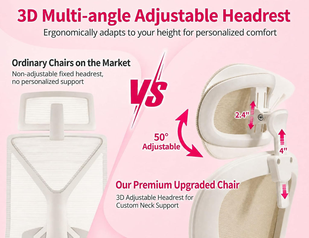 High Back Mesh Office Chair, Ergonomic Chair with Adjustable Headrest, Lumbar Support & Flip-Up Arms, 330lbs Swivel Gaming Computer Chair (Beige)