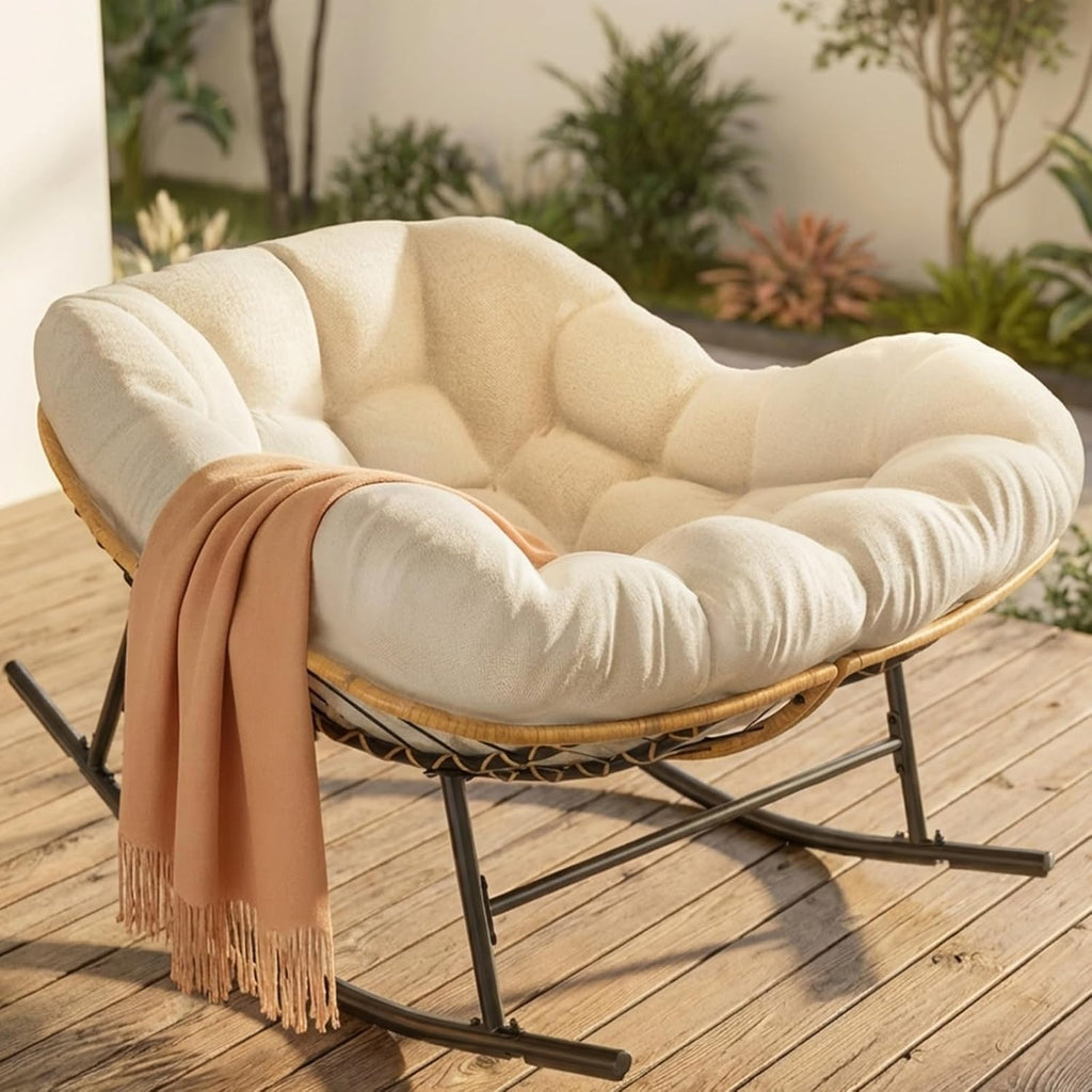 Easyego Oversized Papasan Rocking Chair Indoor Outdoor Use, Comfortable Wicker Rocker with Cozy Thicken Cushion for Deck, Balcony, Poolside, Lawn, Bedroom, Living Room, Cream White