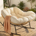 Easyego Oversized Papasan Rocking Chair Indoor Outdoor Use, Comfortable Wicker Rocker with Cozy Thicken Cushion for Deck, Balcony, Poolside, Lawn, Bedroom, Living Room, Cream White