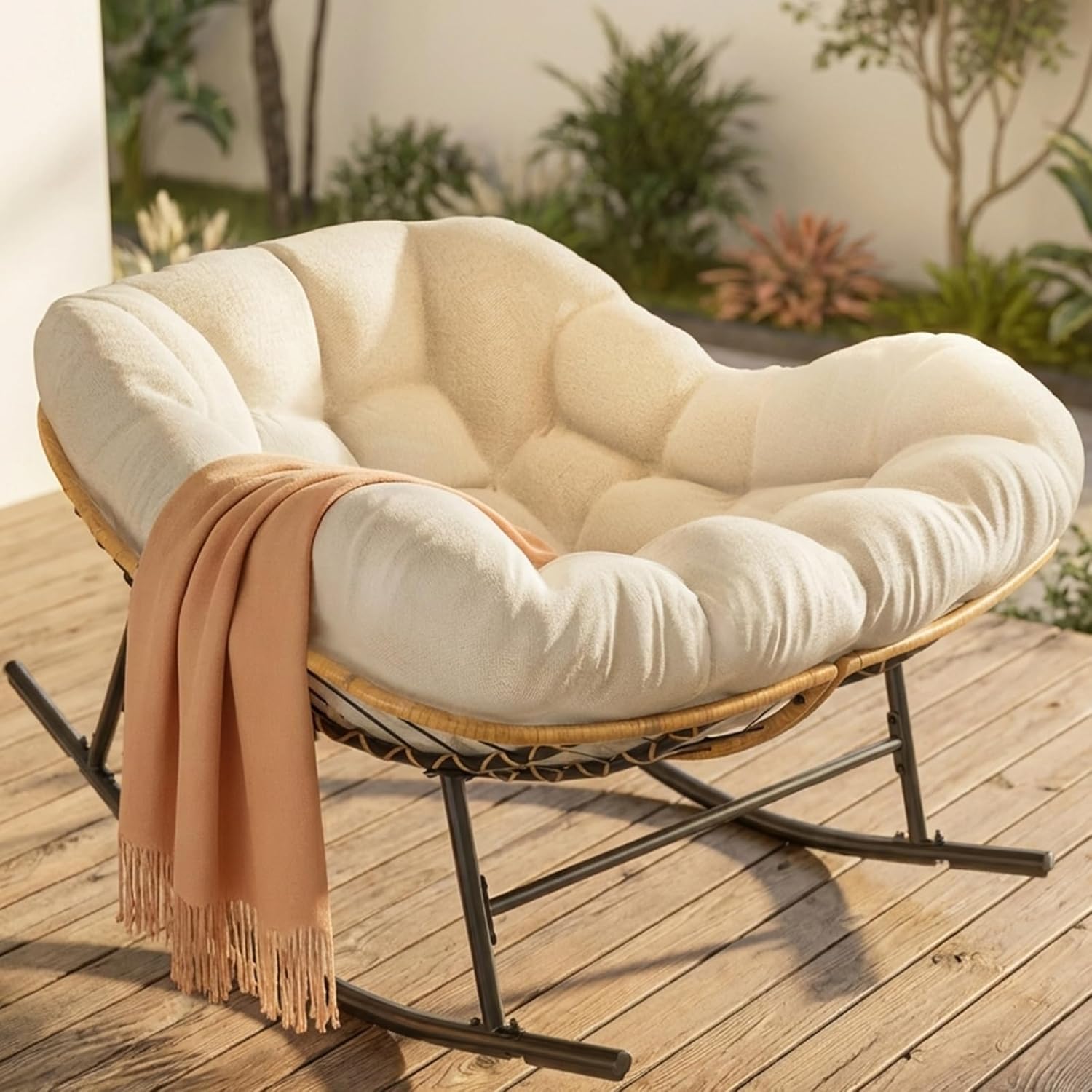 Easyego Oversized Papasan Rocking Chair Indoor Outdoor Use, Comfortable Wicker Rocker with Cozy Thicken Cushion for Deck, Balcony, Poolside, Lawn, Bedroom, Living Room, Cream White