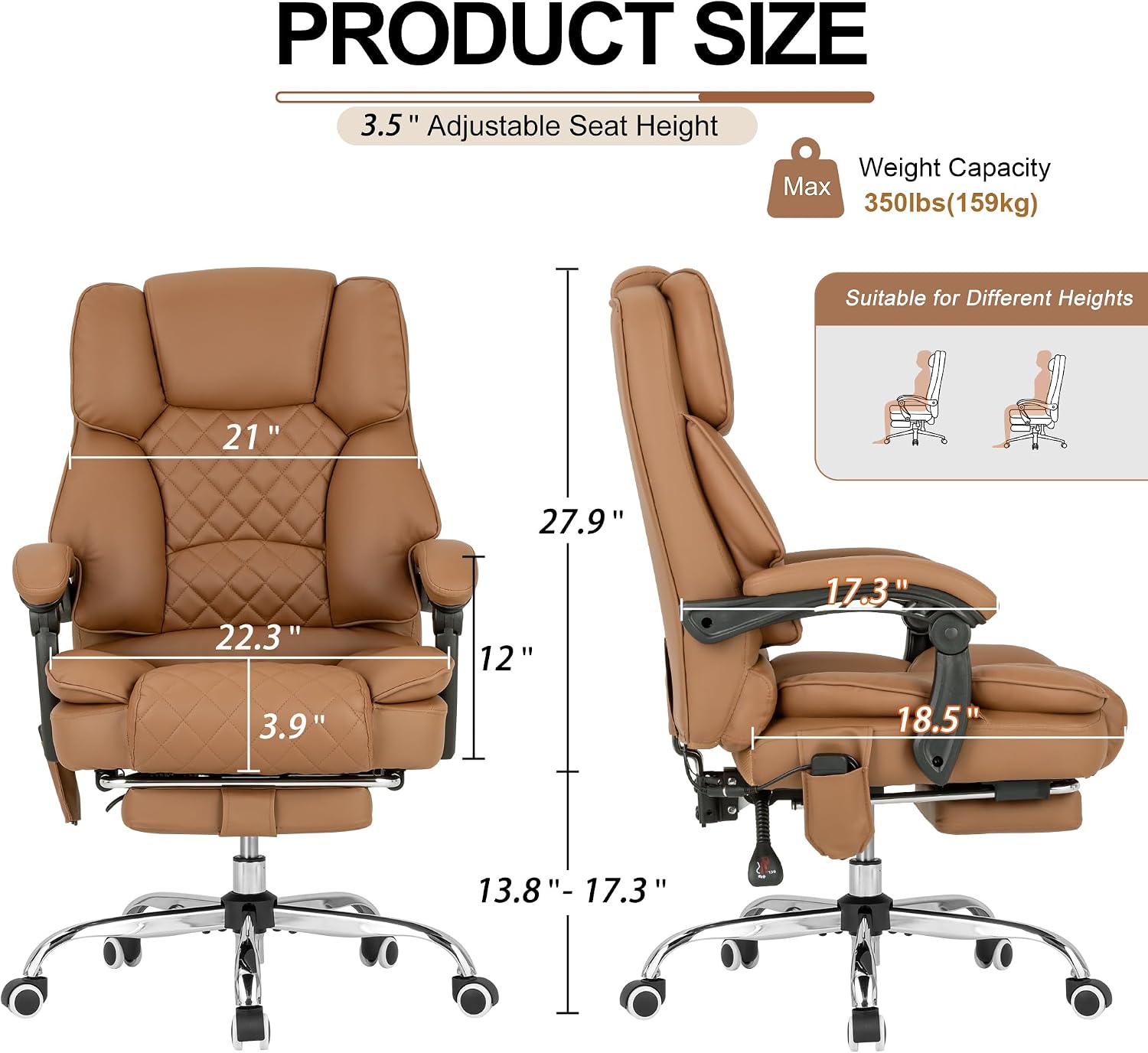 Kneading Massage Executive Office Chair with Heated,90-135° Reclining Office Chair with Footrest,Computer Desk Chair with Wheels,Diamond-Stitched Cushion Leather Office Chair (Brown)