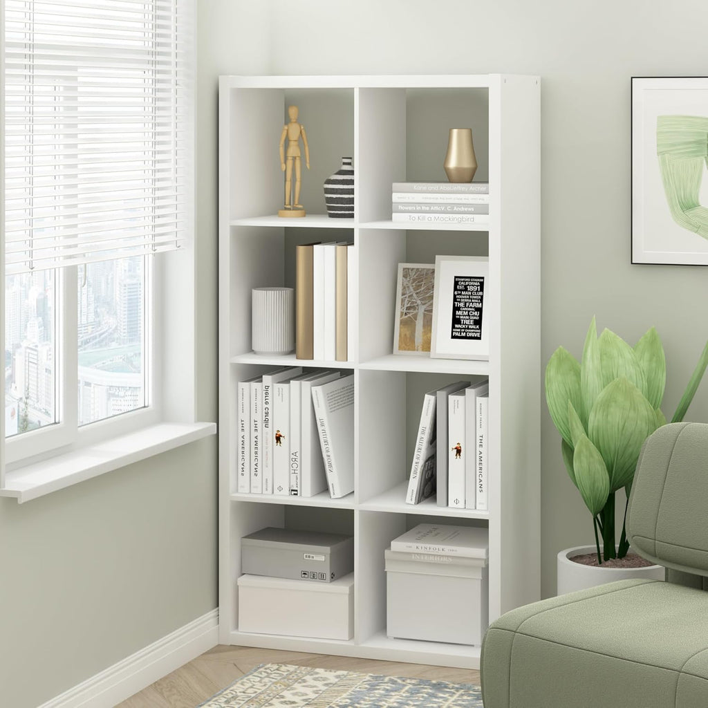 Furinno Cubicle Book Shelf, 8-Cube Bookshelf, Extra Thick Frame Horizontally & Vertically Reversible Bookcase with Open Back, 14.6 x 30 x 58, for Living Room, Bedroom, Home Office, Plain White