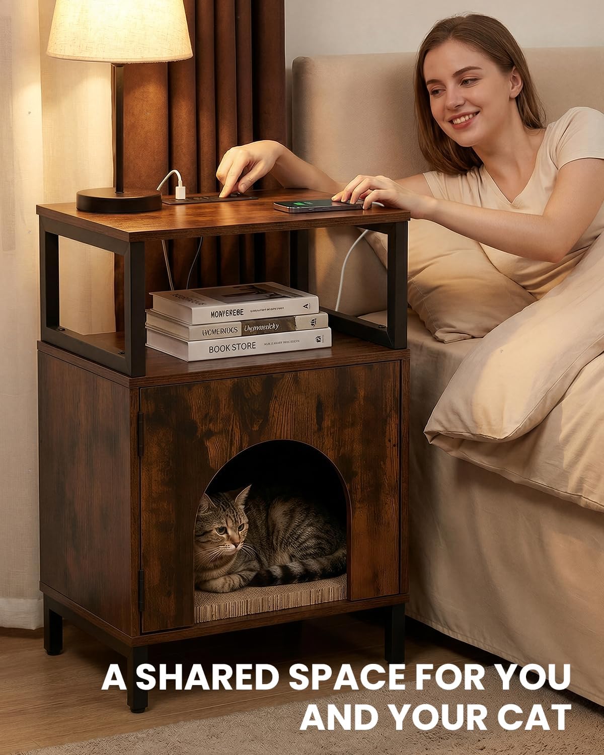 Cat Side Table with Charging Station & Storage Shelf, Small End Tables with Cat Cave & Scratcher Pad for Living Room, Small Spaces, Bedroom, Office, Easy Assembly, Space Saving, Brown