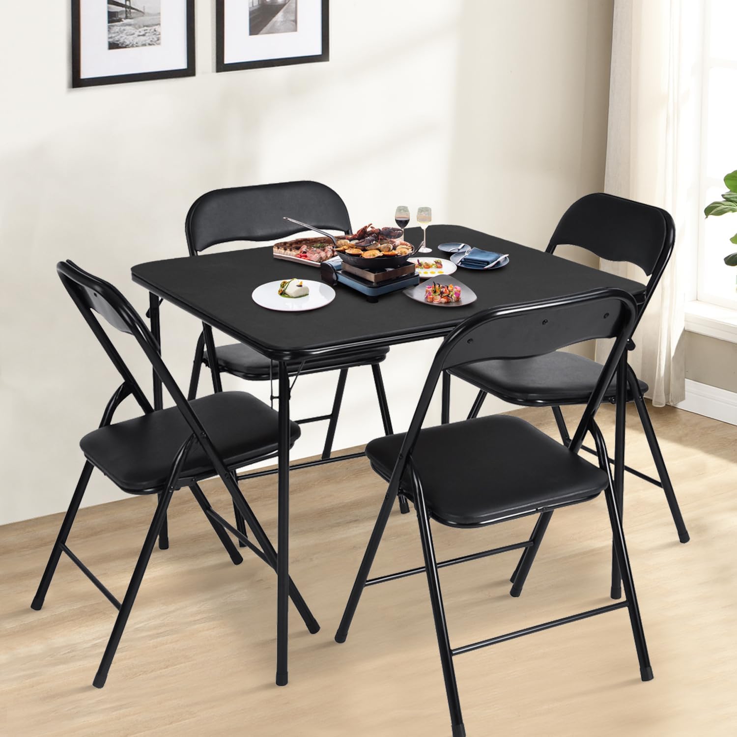 FurnitureR Square Folding Card Table 34 Inch, No Assembly Portable Table for Game Nights, Small Space Dining & Indoor Outdoor Use, PVC Top with Metal Frame, Black